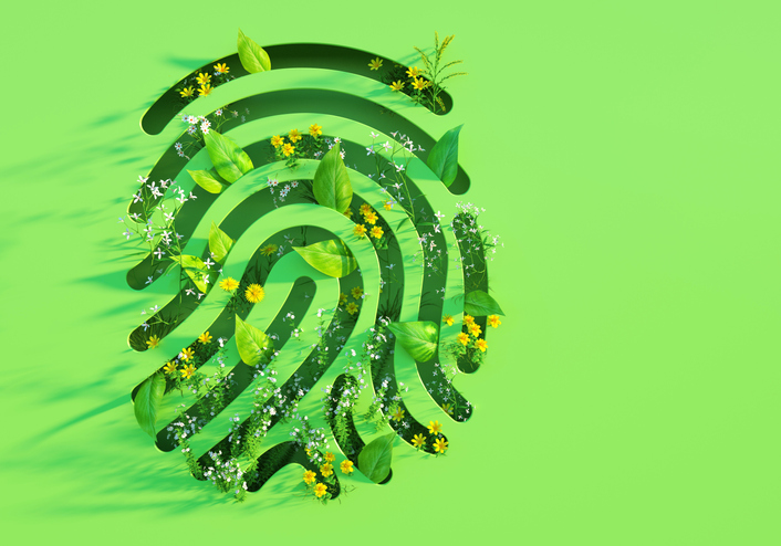 Green fingerprint shape with leaves and flowers.